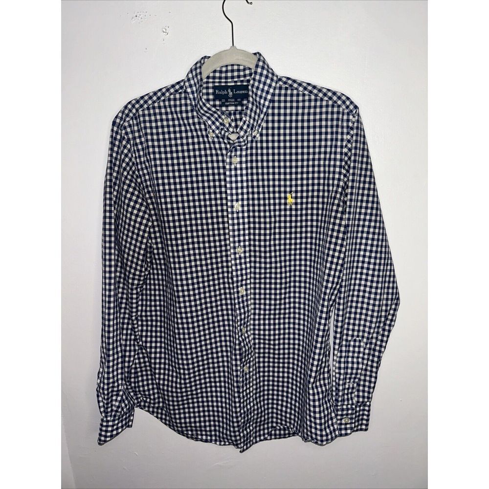Ralph Lauren Shirt Men's Medium Blue Gingham Slim Stretch Oxford Button Down